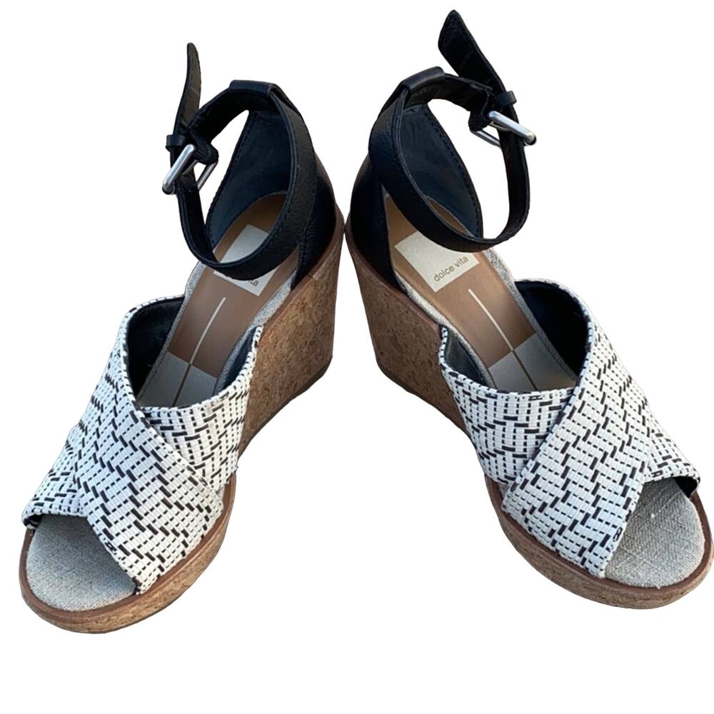 Dolce Vita Urbane Sz 6.5 Black White Woven Cork Wedge Ankle Strap Sandals